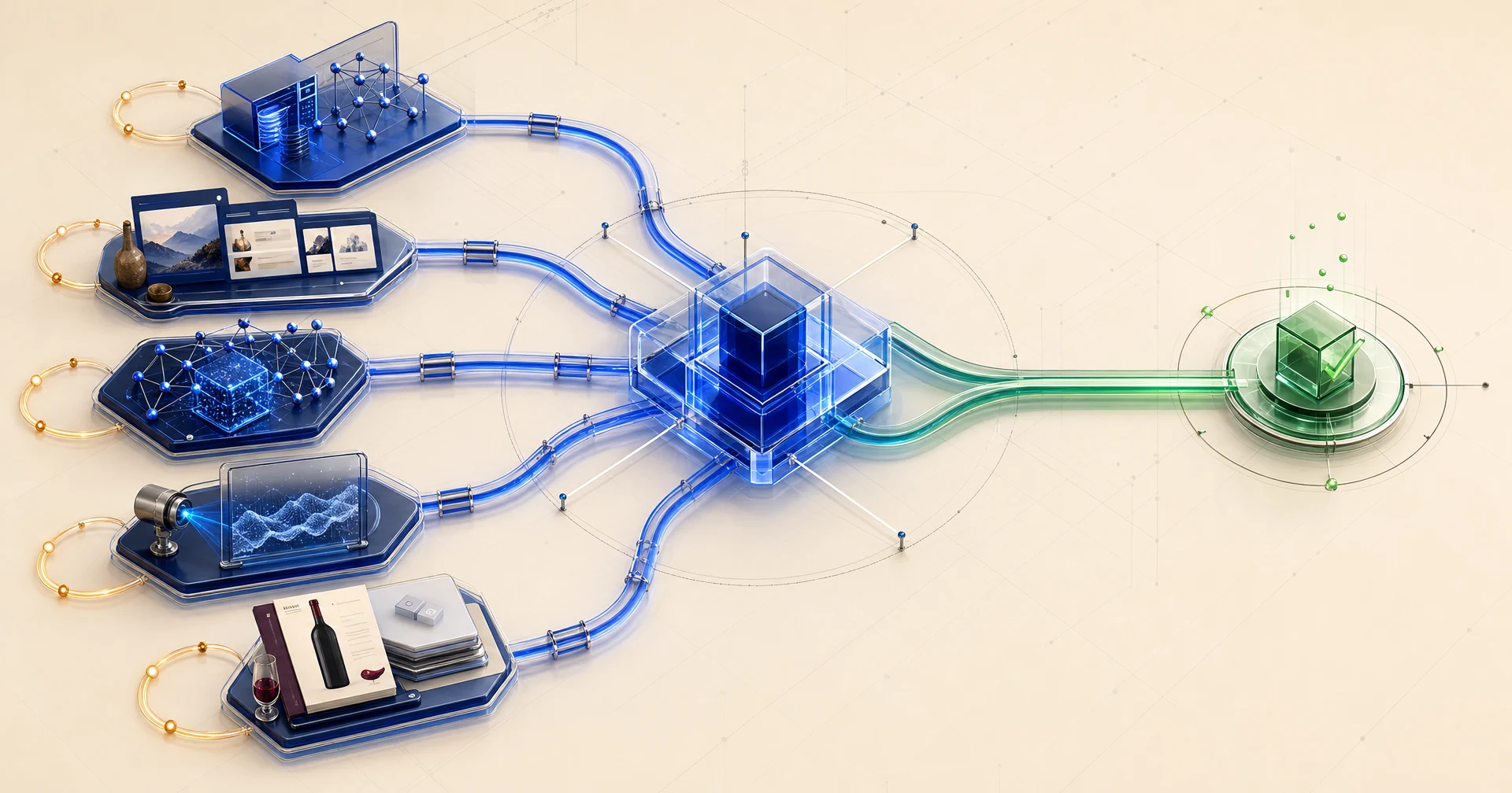 Ilustración conceptual de cinco líneas de trabajo conectadas a un núcleo coordinador que integra los resultados y los conduce hacia una validación común